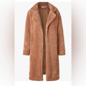 Faux fur fleece long open coat, camel color, large, NEVER WORN